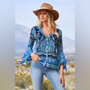 Boston Proper Blue Paisley Print with Bell Sleeves